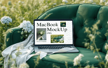 MacBook on green velvet couch in a flower field